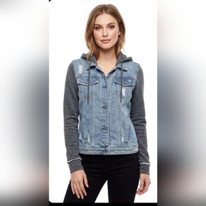 Hollister Denim Jacket with Knit Hoodie Sleeves - Light Blue & Charcoal, Size M.